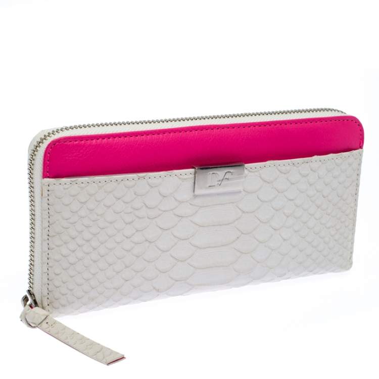 Pre Owned Diane Von Furstenberg White Python Embossed Leather Zip Around Wallet