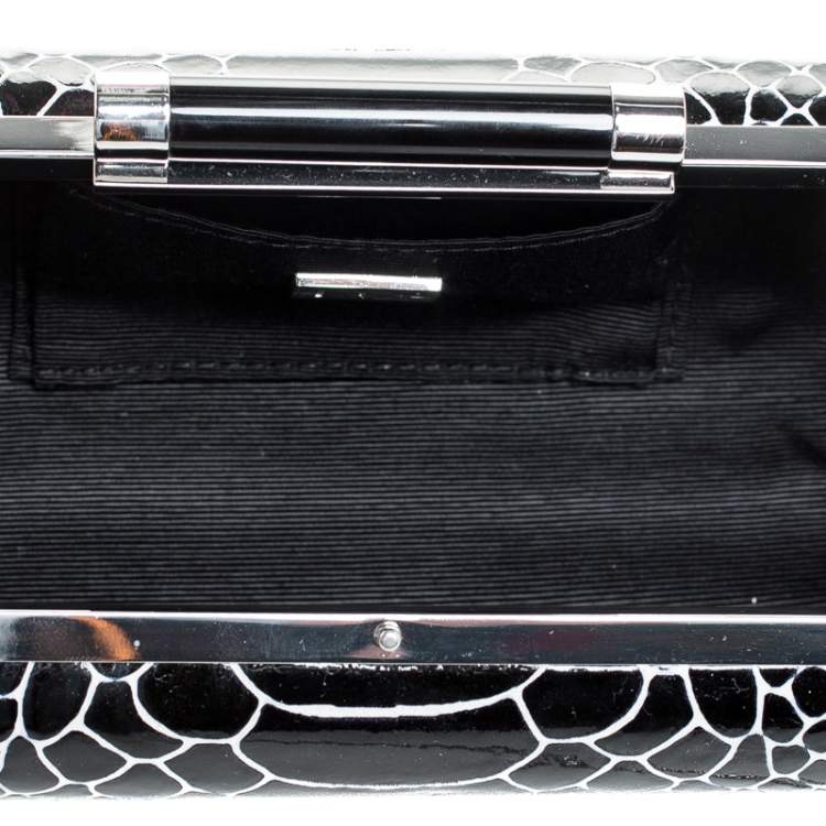 Pre Owned Diane Von Furstenberg Black/White Python Effect Patent Leather Tonda Chain Clutch