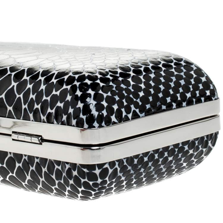 Pre Owned Diane Von Furstenberg Black/White Python Effect Patent Leather Tonda Chain Clutch