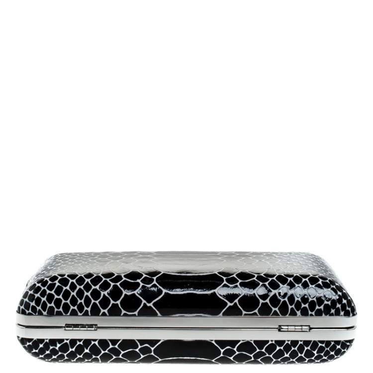 Pre Owned Diane Von Furstenberg Black/White Python Effect Patent Leather Tonda Chain Clutch