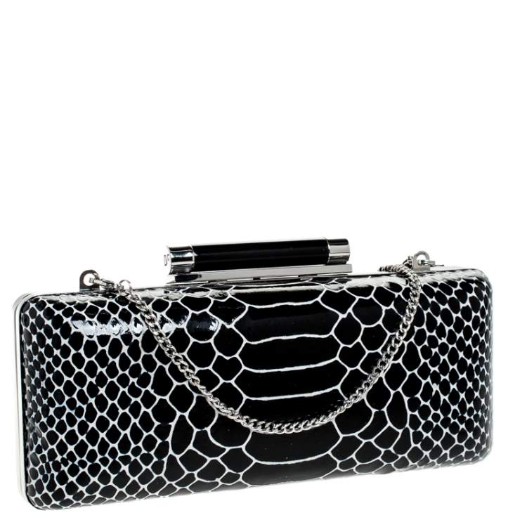Pre Owned Diane Von Furstenberg Black/White Python Effect Patent Leather Tonda Chain Clutch