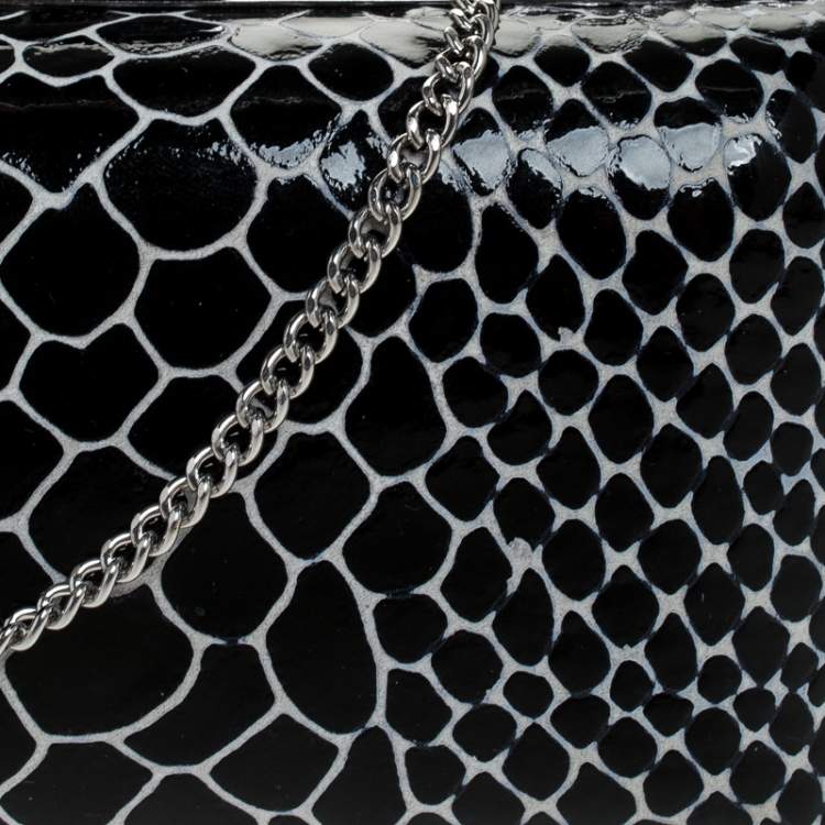 Pre Owned Diane Von Furstenberg Black/White Python Effect Patent Leather Tonda Chain Clutch