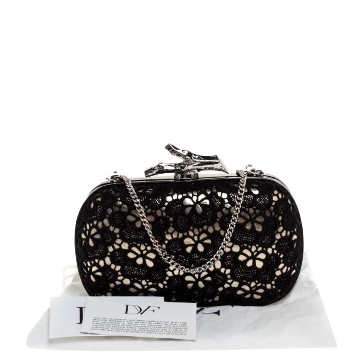 Pre Owned Diane Von Furstenberg Black/Gold Lace and Patent Leather Sphere Chain Clutch