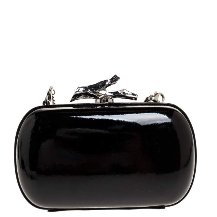 Pre Owned Diane Von Furstenberg Black/Gold Lace and Patent Leather Sphere Chain Clutch