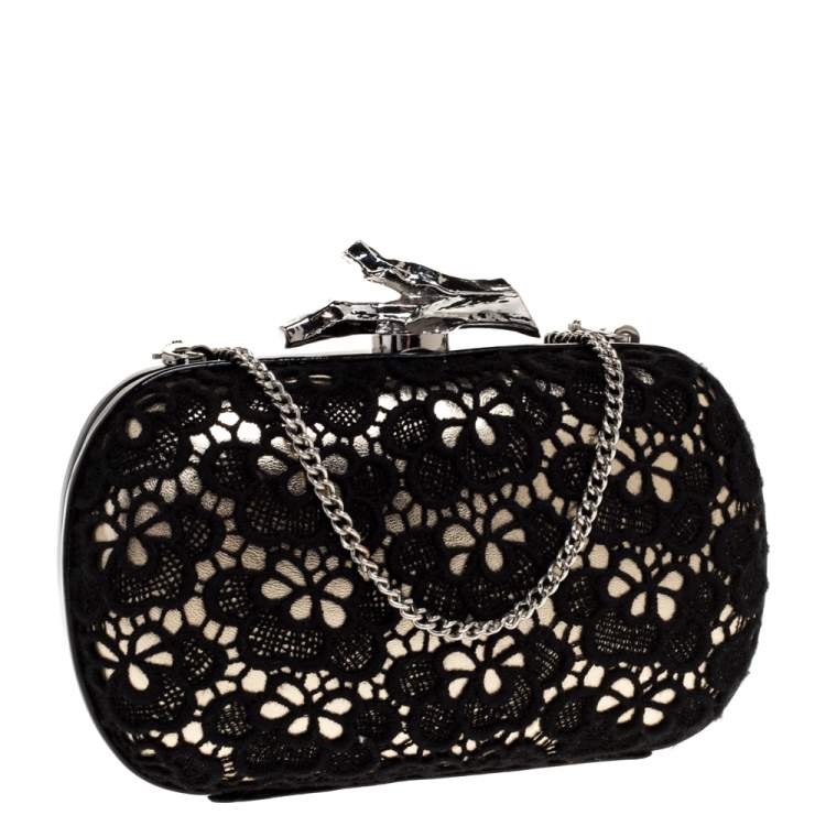 Pre Owned Diane Von Furstenberg Black/Gold Lace and Patent Leather Sphere Chain Clutch