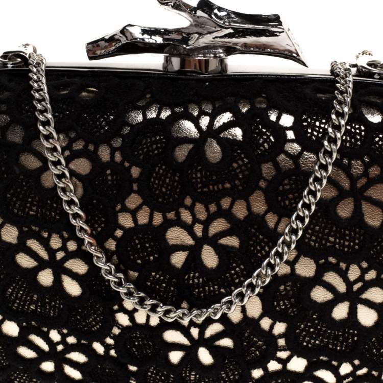 Pre Owned Diane Von Furstenberg Black/Gold Lace and Patent Leather Sphere Chain Clutch