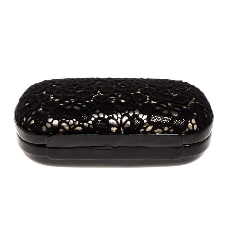 Pre Owned Diane Von Furstenberg Black/Gold Lace and Patent Leather Sphere Chain Clutch