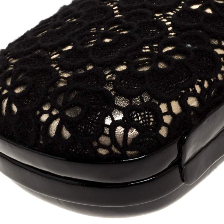 Pre Owned Diane Von Furstenberg Black/Gold Lace and Patent Leather Sphere Chain Clutch