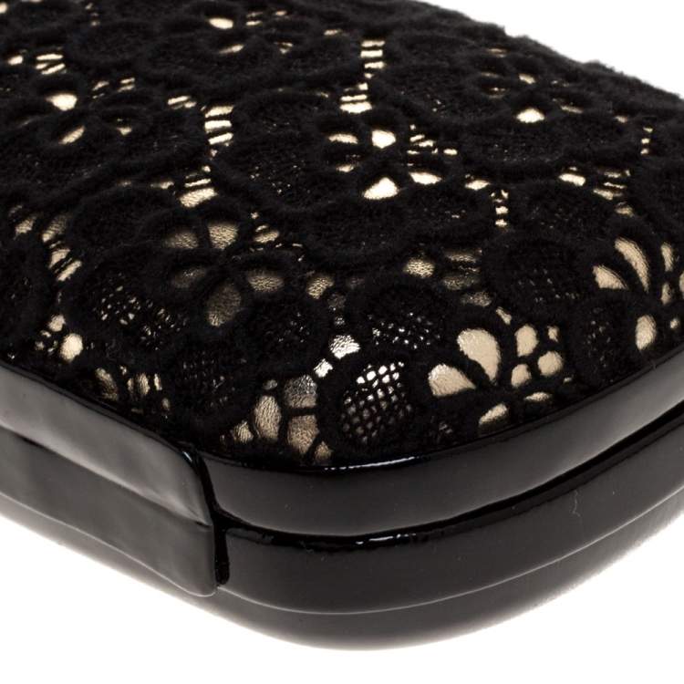 Pre Owned Diane Von Furstenberg Black/Gold Lace and Patent Leather Sphere Chain Clutch