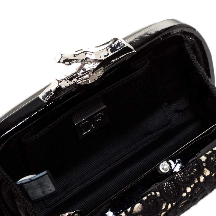 Pre Owned Diane Von Furstenberg Black/Gold Lace and Patent Leather Sphere Chain Clutch