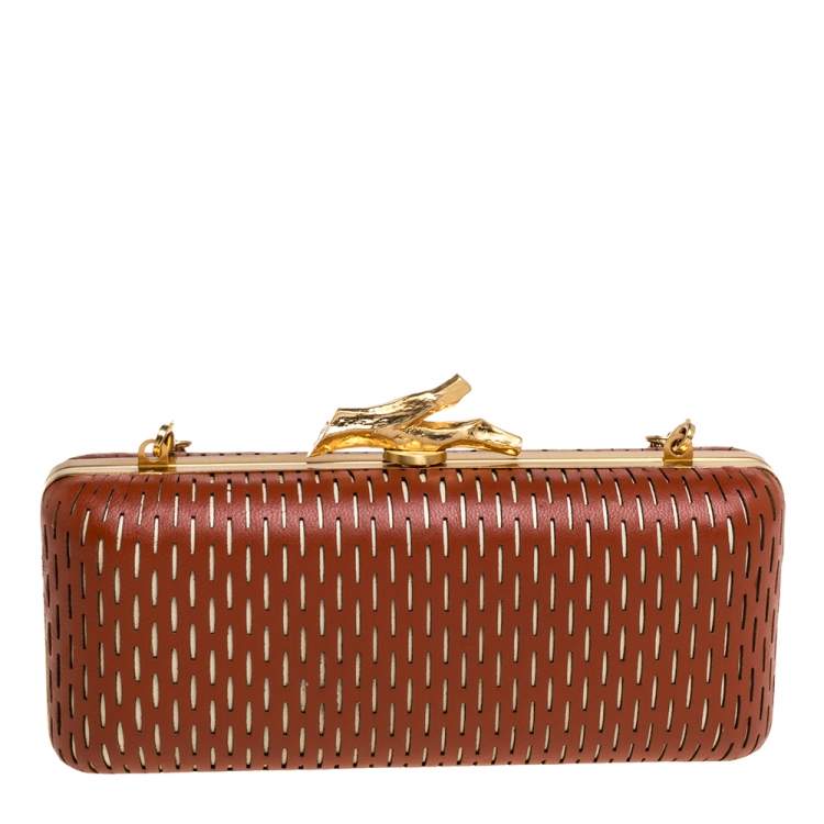 Pre Owned Diane von Furstenberg Copper Brown Perforated Leather Long Lytton Clutch