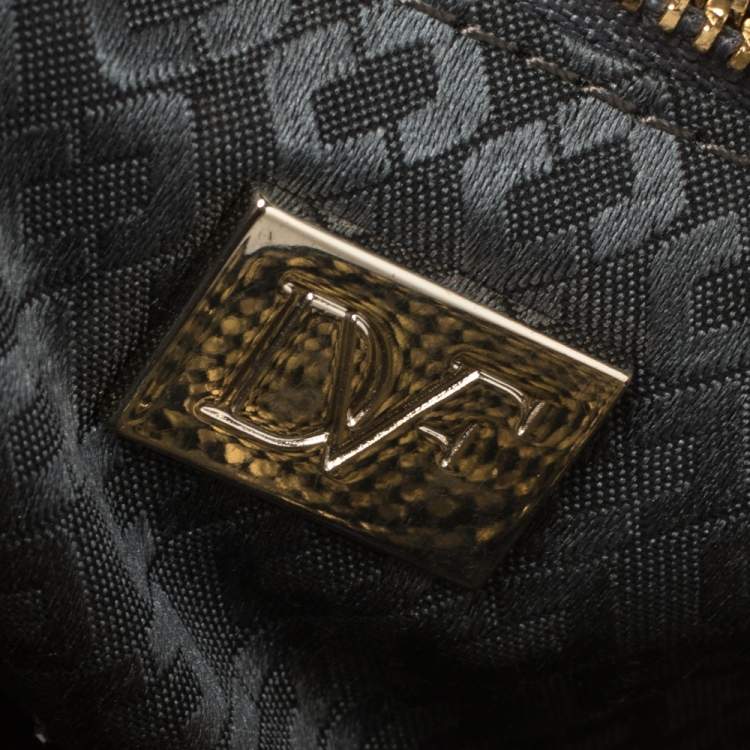Pre Owned Diane von Furstenberg Metallic Gold Fabric and Black Leather Flirty Lips Mini Crossbody Bag