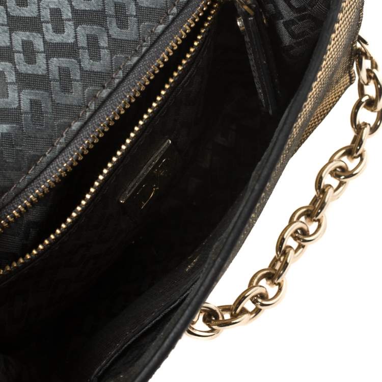 Pre Owned Diane von Furstenberg Metallic Gold Fabric and Black Leather Flirty Lips Mini Crossbody Bag