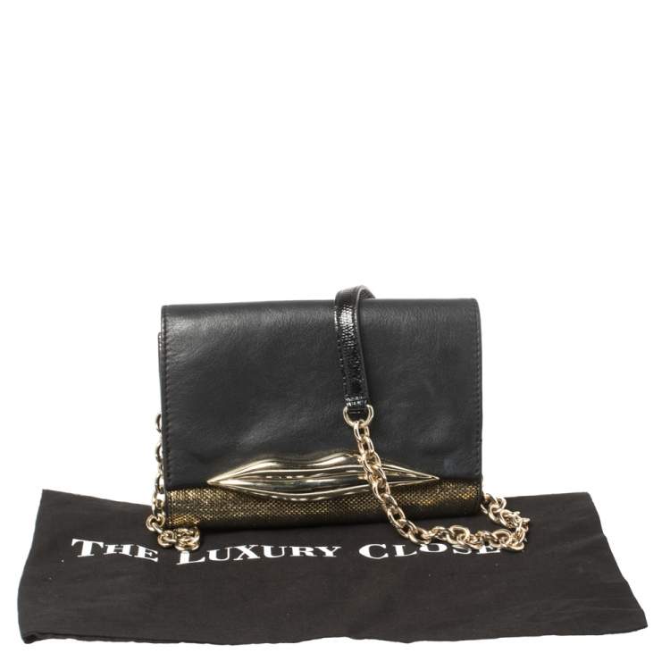 Pre Owned Diane von Furstenberg Metallic Gold Fabric and Black Leather Flirty Lips Mini Crossbody Bag