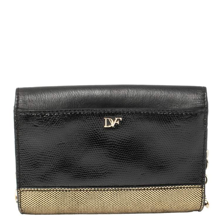 Pre Owned Diane von Furstenberg Metallic Gold Fabric and Black Leather Flirty Lips Mini Crossbody Bag