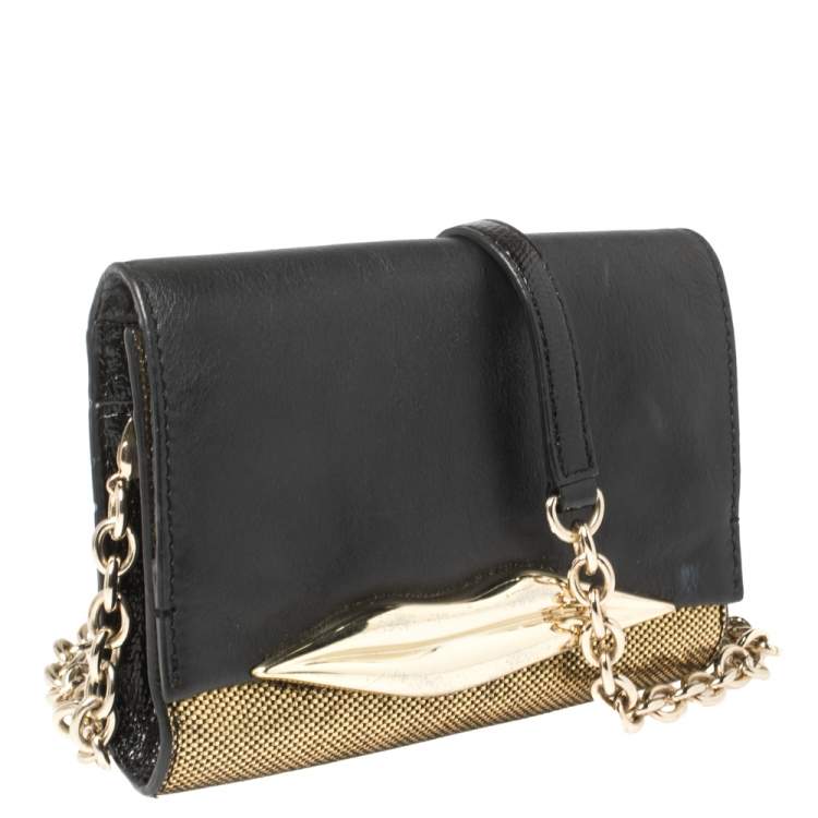 Pre Owned Diane von Furstenberg Metallic Gold Fabric and Black Leather Flirty Lips Mini Crossbody Bag