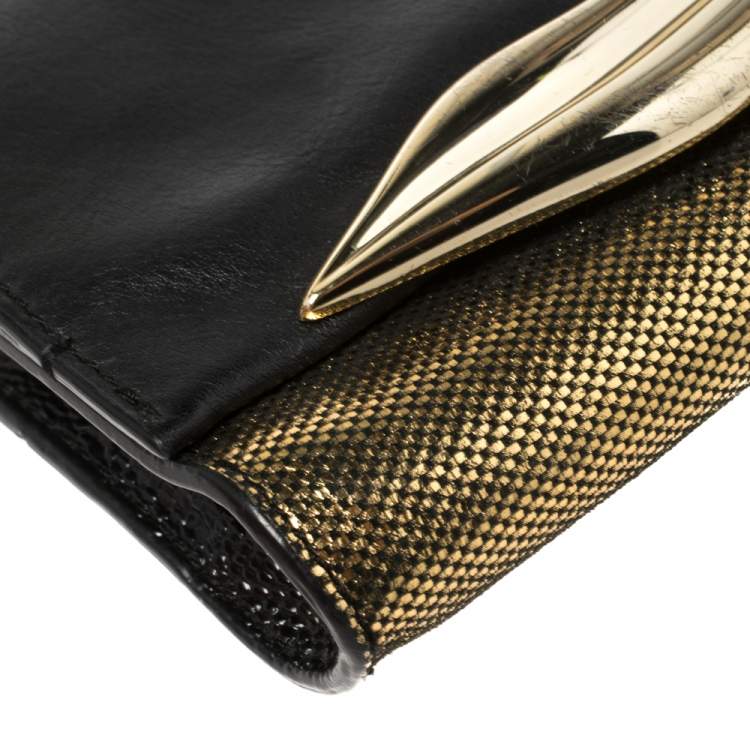 Pre Owned Diane von Furstenberg Metallic Gold Fabric and Black Leather Flirty Lips Mini Crossbody Bag