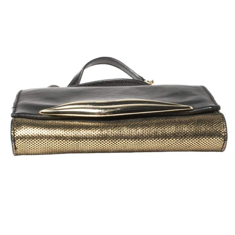 Pre Owned Diane von Furstenberg Metallic Gold Fabric and Black Leather Flirty Lips Mini Crossbody Bag