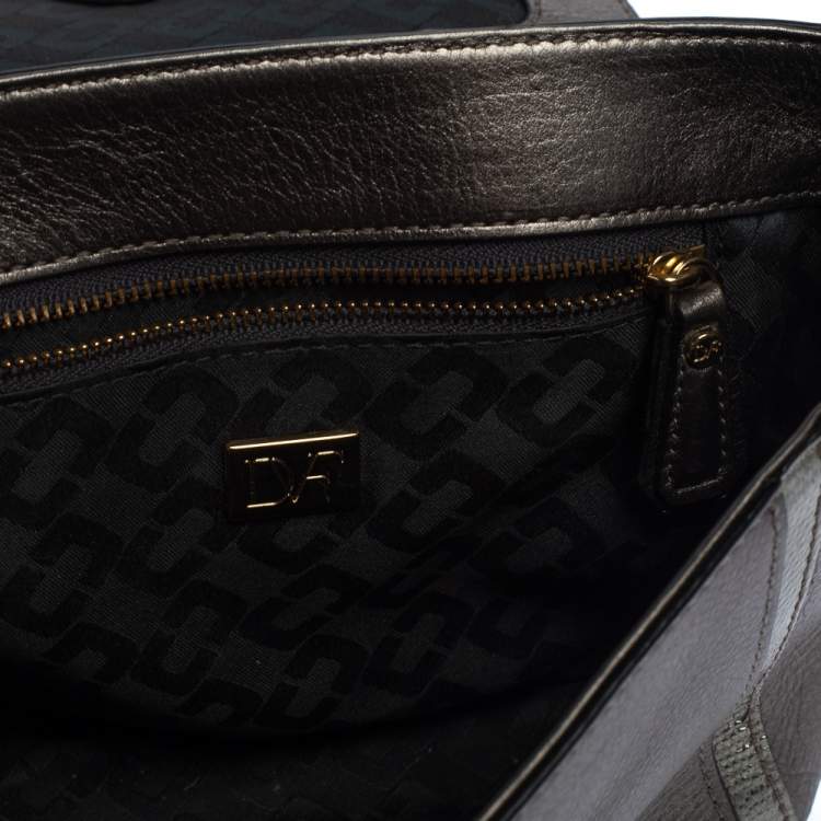 Pre Owned Diane Von Furstenberg Metallic Grey Lizard Embossed Leather and Leather Mini 440 Shoulder Bag