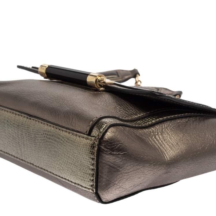 Pre Owned Diane Von Furstenberg Metallic Grey Lizard Embossed Leather and Leather Mini 440 Shoulder Bag