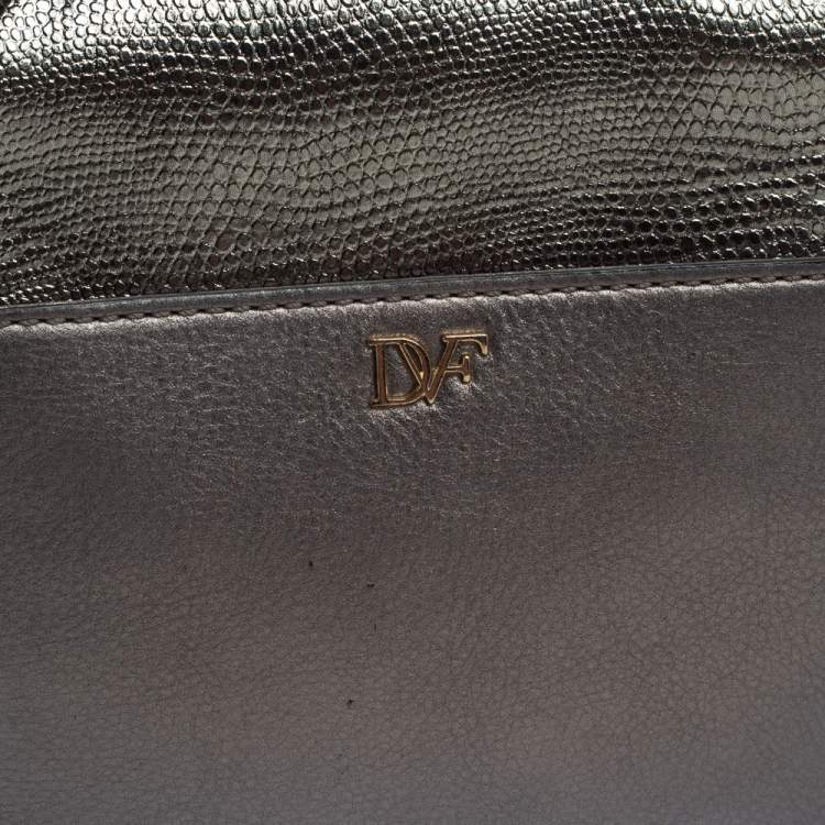 Pre Owned Diane Von Furstenberg Metallic Grey Lizard Embossed Leather and Leather Mini 440 Shoulder Bag