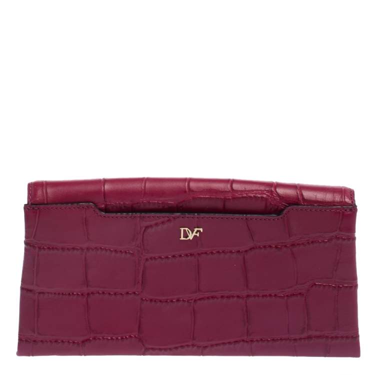 Pre Owned Diane Von Furstenberg Fuchsia Croc Embossed Leather Clutch