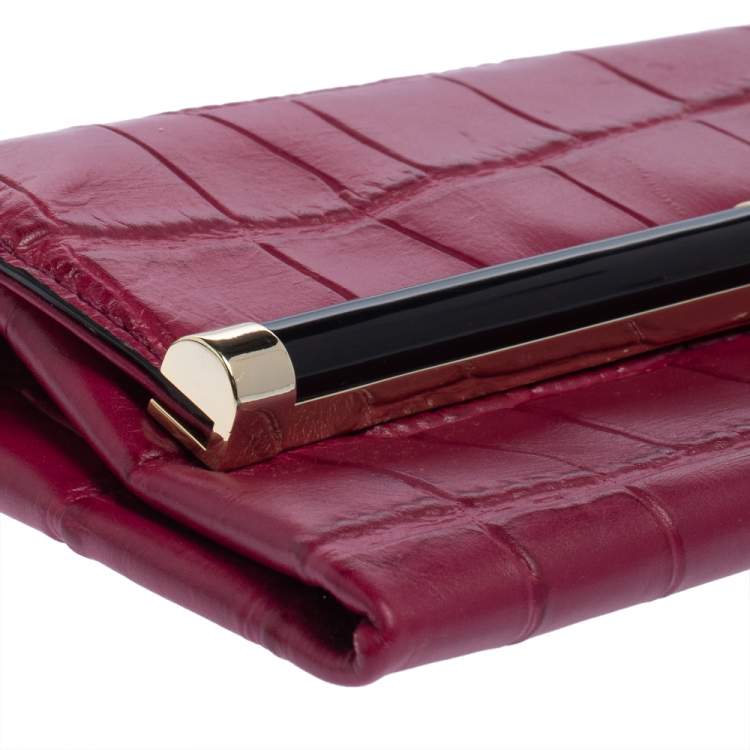 Pre Owned Diane Von Furstenberg Fuchsia Croc Embossed Leather Clutch