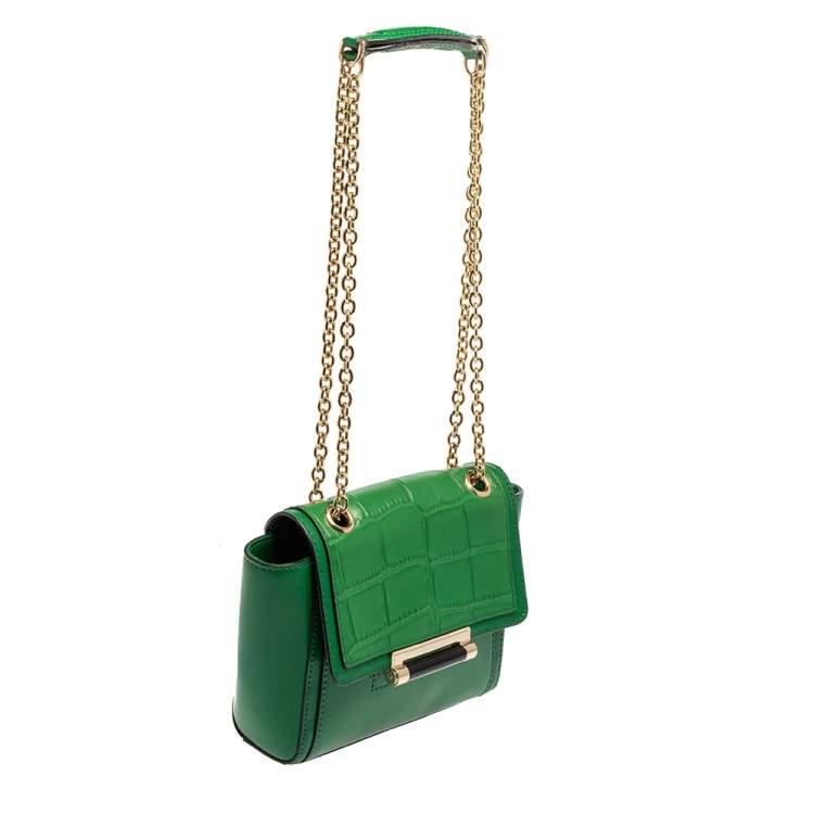 Pre Owned  Diane Von Furstenberg Green Croc Embossed and Leather Shoulder Bag