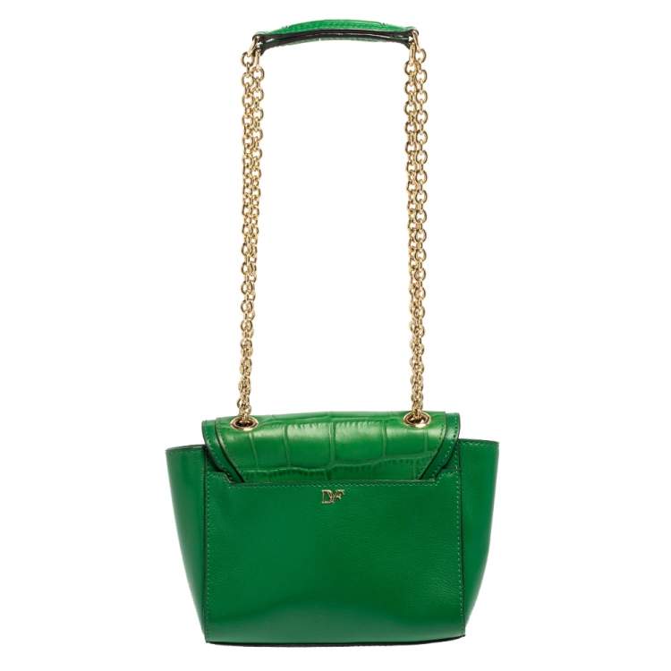 Pre Owned  Diane Von Furstenberg Green Croc Embossed and Leather Shoulder Bag