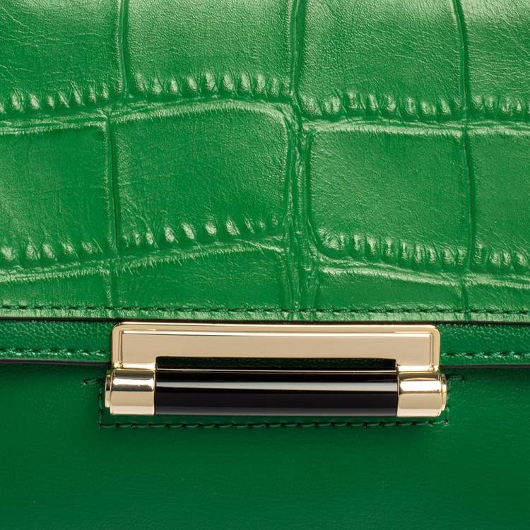 Pre Owned  Diane Von Furstenberg Green Croc Embossed and Leather Shoulder Bag