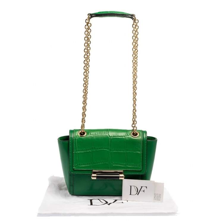 Pre Owned  Diane Von Furstenberg Green Croc Embossed and Leather Shoulder Bag