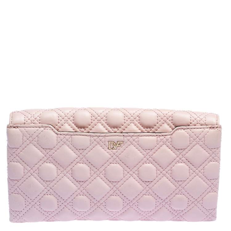Pre Owned Diane Von Furstenberg Salmon Pink Quilted Leather 440 Flap Clutch