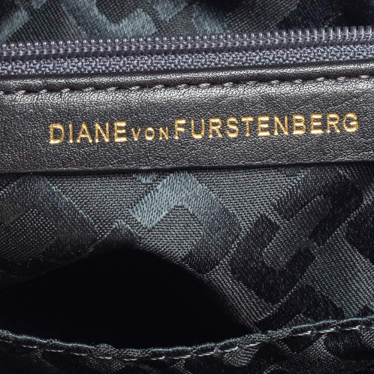 Pre Owned Diane von Furstenberg Brown Leather And Cream Shearling Fur Mini Secret Agent Tote