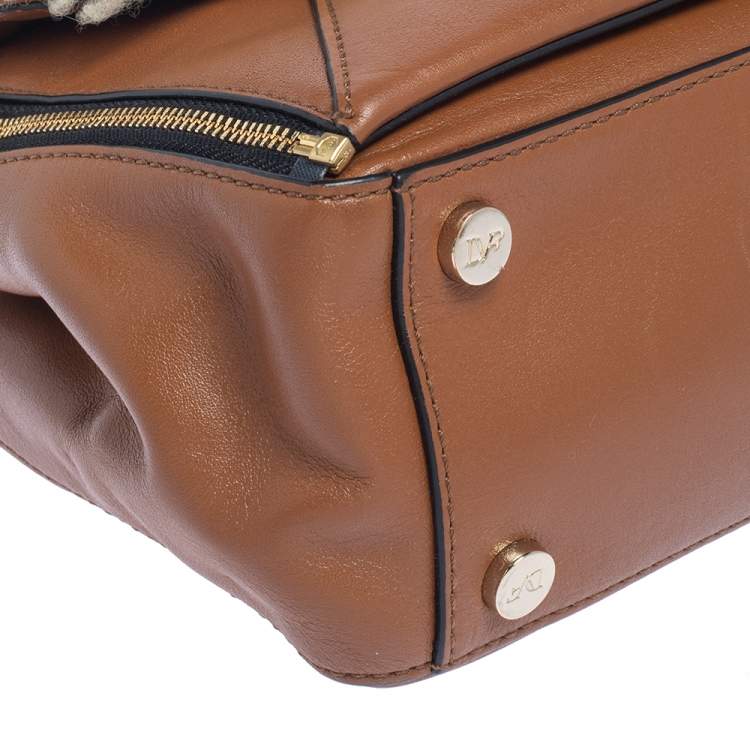 Pre Owned Diane von Furstenberg Brown Leather And Cream Shearling Fur Mini Secret Agent Tote