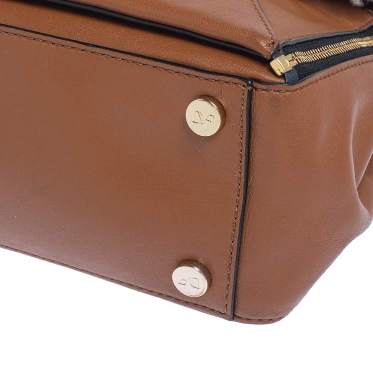 Pre Owned Diane von Furstenberg Brown Leather And Cream Shearling Fur Mini Secret Agent Tote