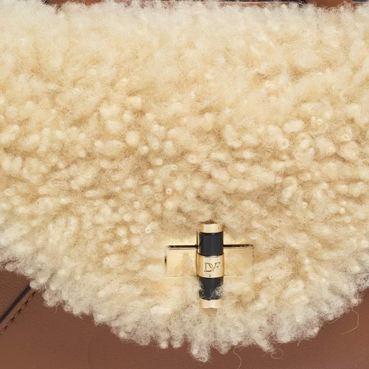 Pre Owned Diane von Furstenberg Brown Leather And Cream Shearling Fur Mini Secret Agent Tote