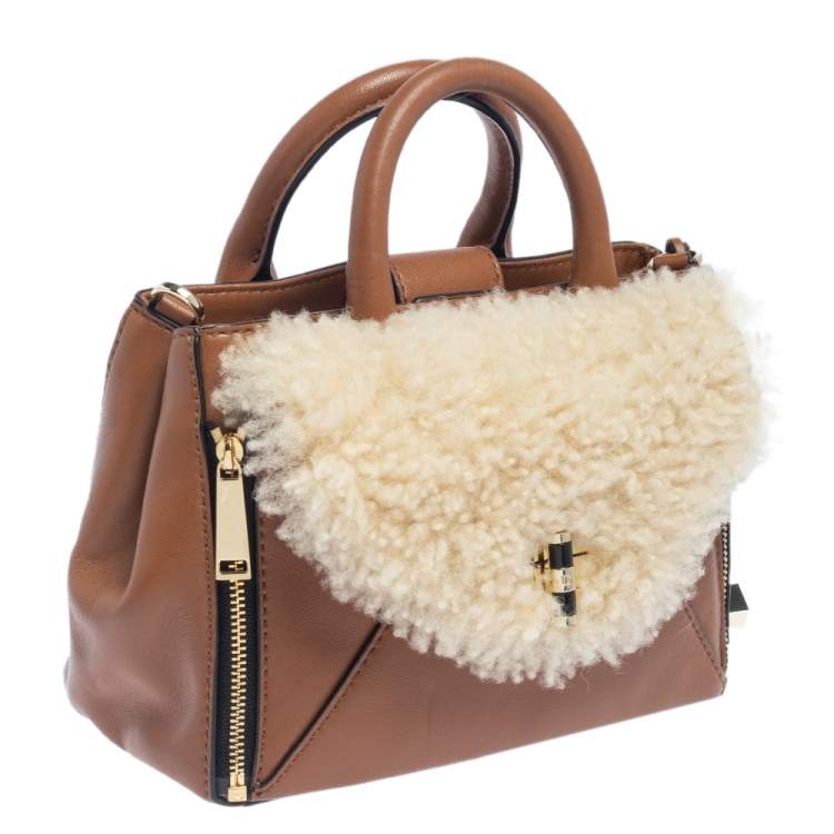 Pre Owned Diane von Furstenberg Brown Leather And Cream Shearling Fur Mini Secret Agent Tote