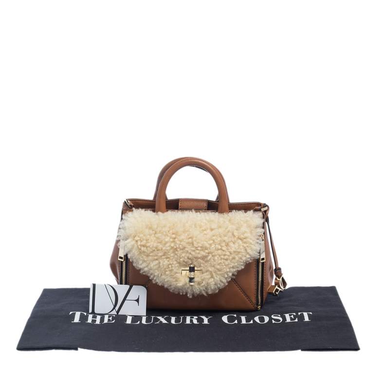 Pre Owned Diane von Furstenberg Brown Leather And Cream Shearling Fur Mini Secret Agent Tote