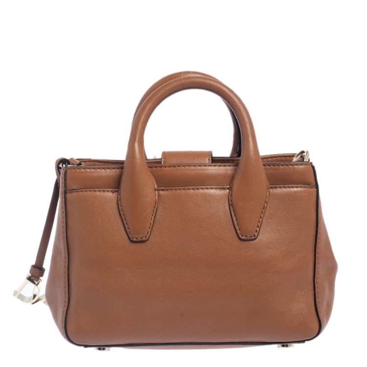 Pre Owned Diane von Furstenberg Brown Leather And Cream Shearling Fur Mini Secret Agent Tote