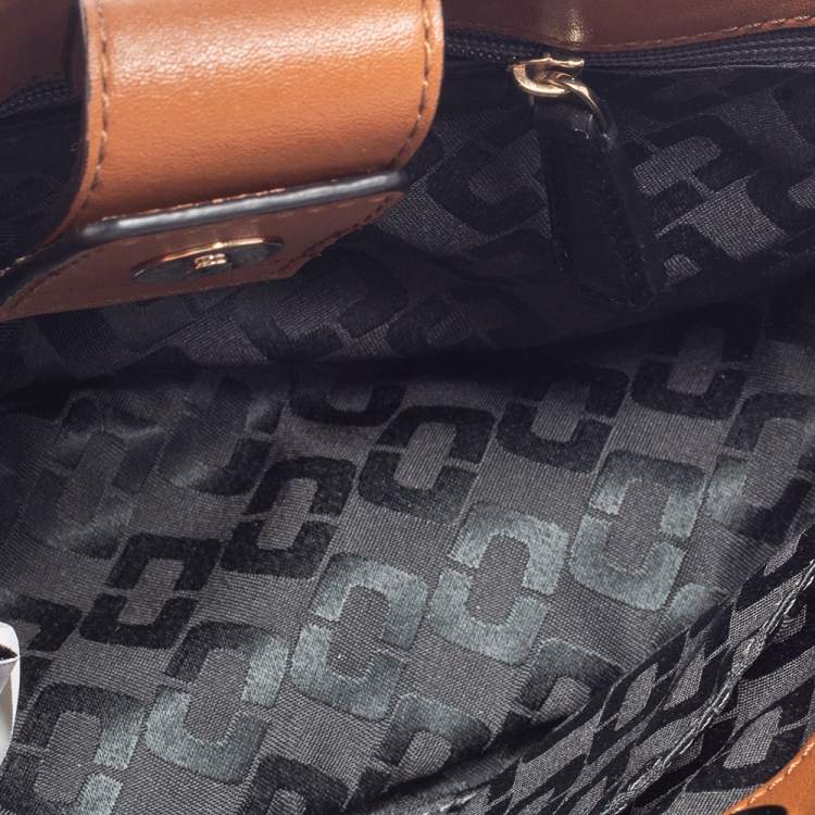 Pre Owned Diane von Furstenberg Brown Leather And Cream Shearling Fur Mini Secret Agent Tote