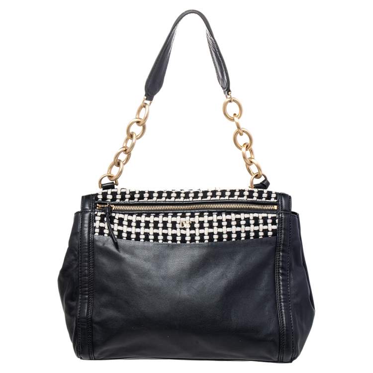 Pre Owned Diane von Furstenberg Black Leather And Fabric Shoulder Bag