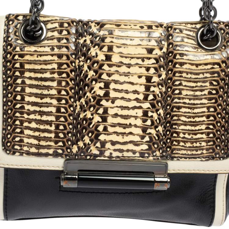 Pre Owned Diane Von Furstenberg Black/Cream Leather and Watersnake Highline Shoulder Bag
