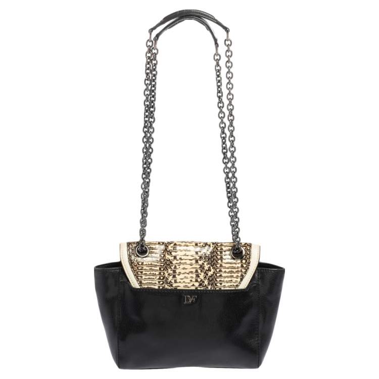 Pre Owned Diane Von Furstenberg Black/Cream Leather and Watersnake Highline Shoulder Bag