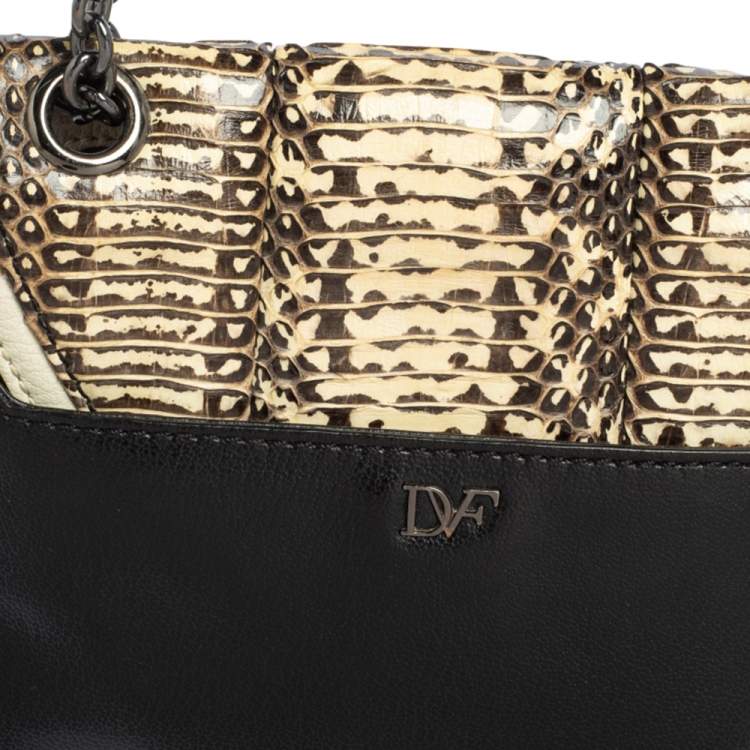 Pre Owned Diane Von Furstenberg Black/Cream Leather and Watersnake Highline Shoulder Bag