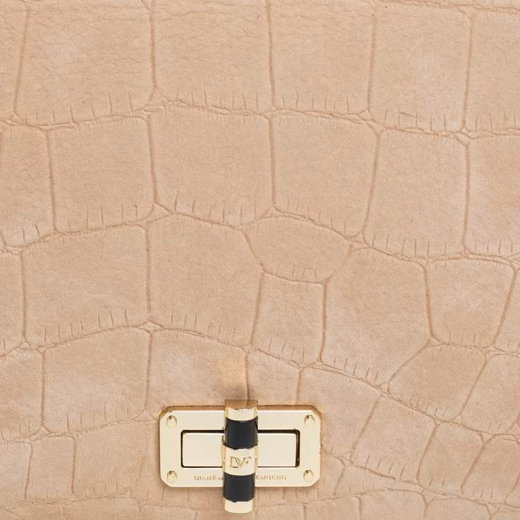 مملوكة مسبقًا Diane von Furstenberg Beige Croc Embossed Nubuck Leather 440 Les Crossbody Bag