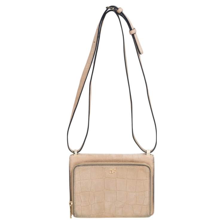 مملوكة مسبقًا Diane von Furstenberg Beige Croc Embossed Nubuck Leather 440 Les Crossbody Bag