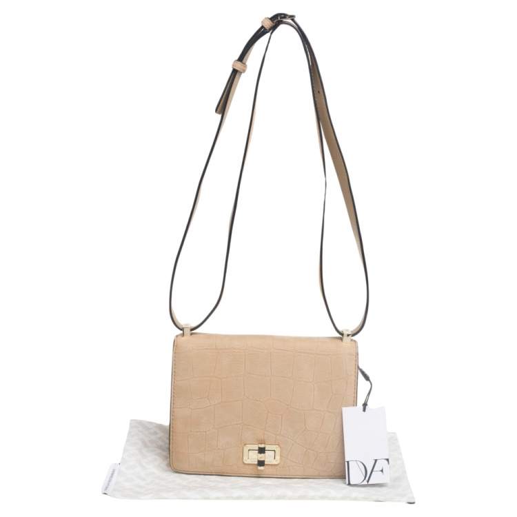 مملوكة مسبقًا Diane von Furstenberg Beige Croc Embossed Nubuck Leather 440 Les Crossbody Bag
