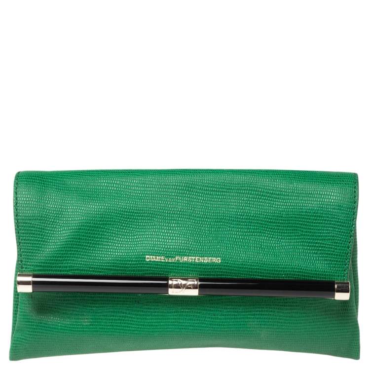 Pre Owned Diane von Furstenberg Green Lizard Embossed Leather 440 Envelope Clutch