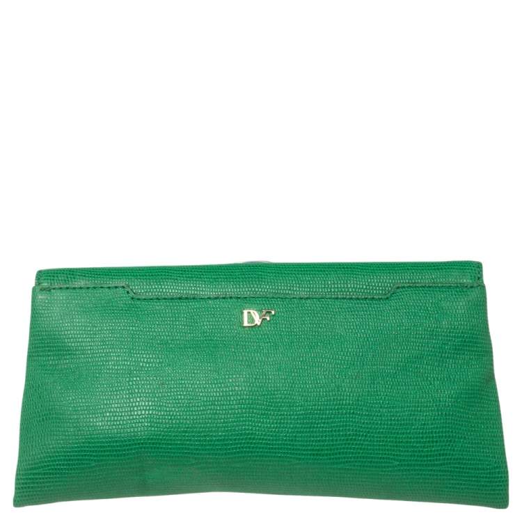 Pre Owned Diane von Furstenberg Green Lizard Embossed Leather 440 Envelope Clutch