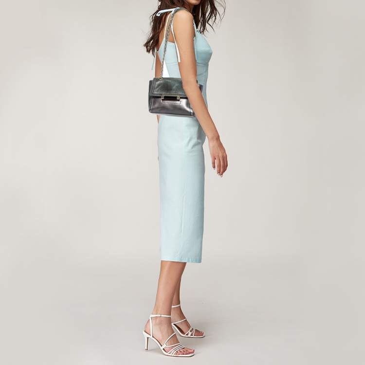 Pre Owned Diane von Furstenberg Grey/Metallic Lizard Embossed and Leather Mini 440 Shoulder Bag